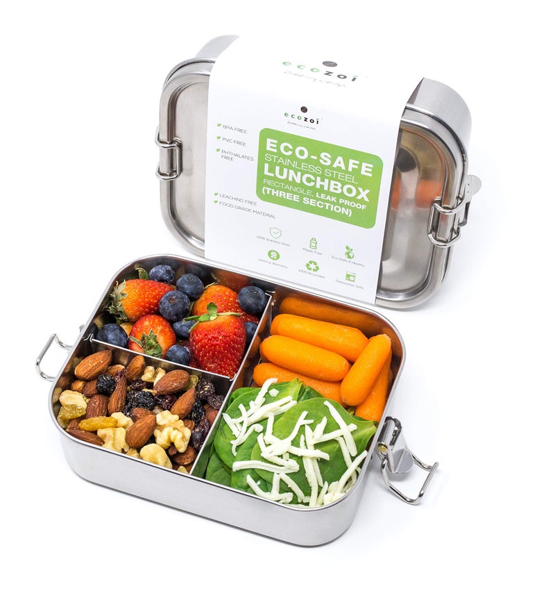 ecozoi Stainless Steel Lunch Box for Kids â€“ Leakproof Bento Box with 3 Compartments & Extra Sauce Container, BPA-Free Metal Lunchbox for School, Toddler & Adults | Eco-Friendly Reusable Meal Prep Container - Image 1